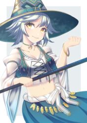  aroha_j bangle baphomet_(megido72) bell blue_skirt bracelet breasts cleavage collar female grey_hair hat highres jewelry looking_at_viewer megido72 midriff navel neck_bell short_hair simple_background skirt small_breasts smile solo wide_sleeves yellow_eyes 