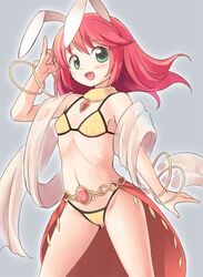  :d animal_ears bikini blush bracelet breasts commentary_request cowboy_shot dancer_(ragnarok_online) emurin fake_animal_ears female gem gold green_eyes grey_background jewelry long_hair looking_at_viewer navel open_mouth pink_hair rabbit_ears ragnarok_online red_gemstone see-through shawl simple_background small_breasts smile solo stomach swimsuit yellow_bikini 