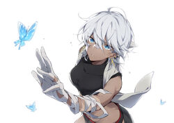  absurdres ahoge bandaged_arm bandages bandaid bandaid_on_face bandaid_on_nose bare_shoulders blue_butterfly blue_eyes bug butterfly chinese_commentary commentary cross cross_earrings dark-skinned_female dark_skin earrings eyes_visible_through_hair female grey_hair hair_between_eyes highres jewelry navel oyo_hitsuji parted_lips short_hair simple_background vocaloid vsinger white_background yanhe 