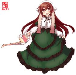  artist_logo brown_eyes brown_hair commentary_request cosplay dated dress feet_out_of_frame female frilled_dress frills green_dress highres kanon_(kurogane_knights) kantai_collection kisaragi_(kancolle) long_hair look-alike looking_at_viewer md5_mismatch open_mouth round_teeth rozen_maiden simple_background smile solo suiseiseki suiseiseki_(cosplay) teeth upper_teeth_only watering_can white_background 