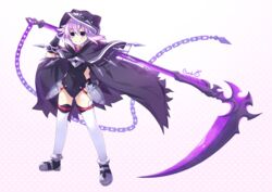  alternate_costume artist_name binato_lulu black_bodysuit black_cloak black_gloves bodysuit boots chains cloak commentary_request commission cosplay fate/grand_order fate_(series) female floating_cape floating_hair gloves hair_between_eyes hand_on_own_hip harpe hood hooded_cloak looking_at_viewer medium_hair medusa_(fate) medusa_(lancer)_(fate) medusa_(lancer)_(fate)_(cosplay) melissa_fahn neptune_(neptunia) neptune_(series) pink_hair polka_dot polka_dot_background pose purple_eyes purple_hair scythe simple_background smile solo thighhighs v-shaped_eyebrows voice_actor_connection white_background 