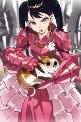  animal armor armored_dress black_hair chains dress earrings feline female green_eyes hair_behind_ear highres holding holding_animal jewelry looking_at_viewer looking_up open_mouth original pink_dress solo spikes toot twintails v-shaped_eyebrows 