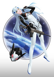  absurdres assault_rifle bodysuit breasts covered_navel facial_mark female g11_(girls&#039;_frontline) girls&#039;_frontline green_eyes grey_hair gun h&amp;k_hk416 hair_ornament helmet highres hk416_(girls&#039;_frontline) hk416_(midnight_evangelion)_(girls&#039;_frontline) korean_commentary long_hair medium_breasts multicolored_bodysuit multicolored_clothes official_alternate_costume okita realistic rifle skin_tight solo teardrop_facial_mark teardrop_tattoo weapon white_bodysuit 