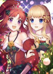  2girls :d akino_(christmas)_(princess_connect!) akino_(princess_connect!) bare_shoulders black_bow blonde_hair blue_eyes blush bow breasts dress flower hair_ornament hair_up hairbow highres jewelry large_breasts long_hair multiple_girls necklace open_mouth parted_bangs ponytail princess_connect! purple_eyes red_hair rokico saren_(christmas)_(princess_connect!) saren_(princess_connect!) sidelocks smile strapless strapless_dress tiara 