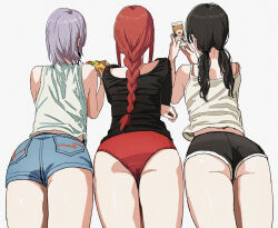  1boy 3girls ass ass_focus black_hair black_shirt black_shorts blue_shorts braid braided_ponytail cellphone chainsaw_man commentary denji_(chainsaw_man) dolphin_shorts english_commentary fami_(chainsaw_man) food from_behind grey_background grey_hair highres holding holding_food holding_phone holding_pizza long_hair low_twintails makima_(chainsaw_man) mitaka_asa multiple_girls no_pants panties phone pizza pizza_slice pocket red_hair red_panties shiren_(ourboy83) shirt short_hair short_shorts shorts simple_background sleeveless sleeveless_shirt twintails underwear white_background white_shirt 