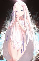  absurdres blue_bow blue_eyes bow dress female flower ha_kang highres lips long_hair pandora_(re:zero) re:zero_kara_hajimeru_isekai_seikatsu solo white_dress white_hair 