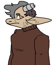  2019 anthro bovid bovine broken_horn brown_body brown_clothing brown_fur brown_sweater brown_topwear brown_turtleneck cattle clothed clothing digital_media_(artwork) ear_scar facial_scar female fur grey_hair grey_horn hair horn mammal manitka manitka_(character) nose_scar orange_eyes scar simple_background solo sweater topwear turtleneck white_background 