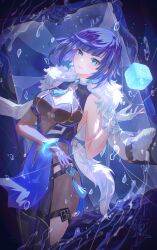  absurdres aqinorz asymmetrical_gloves blue_dress blue_eyes blue_gloves blue_hair breasts chinese_clothes cleavage closed_mouth dice dress female fur-trimmed_dress fur_trim genshin_impact gloves highres medium_breasts mirror short_hair smile solo white_gloves yelan_(genshin_impact) 