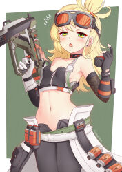  ^_^ asymmetrical_gloves blush closed_eyes commentary cosplay drooling english_commentary female gloves goggles goggles_on_head grace_howard grace_howard_(cosplay) green_background green_eyes gun highres holding holding_gun holding_weapon long_hair looking_at_viewer mismatched_gloves navel piper_wheel prophosphere weapon white_gloves zenless_zone_zero 