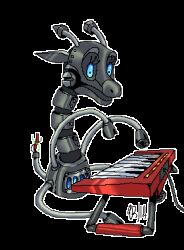  0ct0m0n0 alpha_channel ambiguous_gender animated blue_eyes giraffe giraffid grey_body keyboard_instrument long_neck low_res machine mammal musical_instrument open_mouth robot short_playtime simple_background sitting solo transparent_background wire 