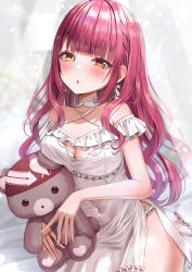  absurdres bare_shoulders blush breasts cleavage criss-cross_halter dress earrings female gold_earrings halterneck heart heart_earrings heterochromia highres hololive houshou_marine houshou_marine_(8th_costume) jewelry large_breasts long_hair official_alternate_costume panties red_eyes red_hair rkc solo stuffed_animal stuffed_toy teddy_bear underwear virtual_youtuber white_dress white_panties yellow_eyes 