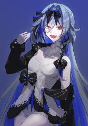  black_bow blue_background blue_hair blue_nails bow braid breasts commentary cowboy_shot female fu_hua fu_hua_(herrscher_of_sentience) fu_hua_(turn_up_the_music!)_(herrscher_of_sentience) grey_hair hairbow halter_shirt halterneck hands_up highres honkai_(series) honkai_impact_3rd korean_commentary long_hair mmaayyooccaatt multicolored_hair multiple_hair_bows open_mouth prototype_design red_eyes ribbon_braid shirt shorts side_braid simple_background small_breasts solo streaked_hair two-tone_hair very_long_hair white_shirt white_shorts 