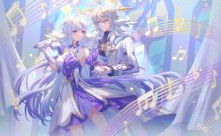  1boy absurdres aqinorz bare_shoulders blue_eyes blue_hair breasts brother_and_sister closed_mouth cowboy_shot dancing dress female gloves halo head_wings highres holding_hands honkai:_star_rail honkai_(series) large_breasts light_blue_hair long_hair looking_at_another musical_note pants purple_dress robin_(honkai:_star_rail) siblings smile sunday_(honkai:_star_rail) thighs two-tone_dress vest white_dress white_gloves white_pants white_vest wings yellow_eyes 