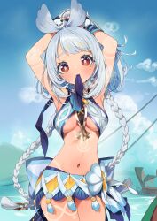  absurdres arms_up blue_hair blue_sky body_markings braid breasts cloud cloudy_sky commentary_request crop_top day female fish-shaped_pupils genshin_impact highres itohana long_hair looking_at_viewer low_twin_braids medium_breasts mouth_hold mualani_(genshin_impact) navel orange_eyes sky solo stomach tan twin_braids underboob wrist_wrap 