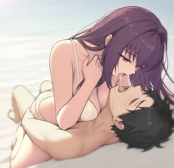  1boy beach bikini black_hair closed_eyes couple cowgirl_position dynamitenatalia fate/grand_order fate_(series) female french_kiss fujimaru_ritsuka_(male) highres kissing long_hair lying on_back outdoors purple_hair red_eyes saliva scathach_(fate) short_hair straight swimsuit type-moon white_bikini 