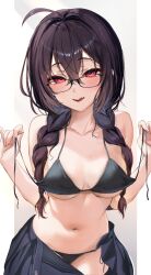  :q absurdres ahoge bikini bikini_under_clothes black-framed_eyewear black_bikini black_hair blue_skirt blush braid breasts collarbone commentary_request cowboy_shot crossed_bangs female glasses hair_between_eyes hair_over_shoulder highres large_breasts long_hair looking_at_viewer low_twin_braids mole mole_on_chest navel original outside_border parted_lips pillarboxed pink_eyes pleated_skirt side-tie_bikini_bottom skirt solo standing stomach string_bikini sweat swimsuit tongue tongue_out twin_braids underboob undressing untied_bikini untied_bikini_top yufou 