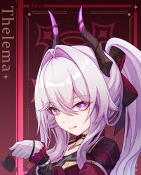  :q absurdres black_bow black_horns bow bright_pupils character_name closed_mouth collarbone collared_jacket commentary_request demon_tail female gloves hair_between_eyes hair_intakes hairbow highres holding_own_tail honkai_(series) honkai_impact_3rd horns jacket long_hair looking_at_viewer official_alternate_costume pinstripe_jacket pinstripe_pattern ponytail portrait purple_eyes red_background red_jacket revision sidelocks smile solo tail tail_wrap thelema_nutriscu tongue tongue_out very_long_hair white_gloves white_hair white_pupils yanye0725 