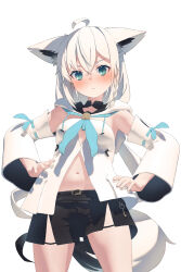  ahoge animal_ears aqua_eyes black_shorts blue_neckerchief blush braid breasts commentary_request detached_sleeves earrings ears_down female fox_ears fox_girl fox_tail front_slit frown glaring hair_between_eyes hands_on_own_hips highres hololive hood hooded_vest hoodie jewelry long_hair long_sleeves looking_at_viewer medium_breasts midriff_peek navel neckerchief puff_of_air shirai_yu shirakami_fubuki shirakami_fubuki_(1st_costume) short_shorts shorts side_braid sidelocks simple_background single_earring solo tail vest virtual_youtuber white_background white_hair white_sleeves wide_sleeves 