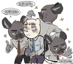  aggretsuko anai_(aggretsuko) annoyed anthro badger cellphone clothed clothing cross-popping_vein duo electronics haida_(aggretsuko) hi_res hyena japanese_badger japanese_text male mammal meles mustelid musteline necktie phone rusjerry sanrio simple_background smartphone spotted_hyena text translation_request white_background 