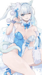  animal_ears bare_shoulders blue_eyes blue_leotard bracelet breasts cat_ears cat_girl cat_tail cleavage detached_collar dobrynya_nikitich_(fate) dobrynya_nikitich_(swimsuit_lancer)_(fate) dobrynya_nikitich_(swimsuit_lancer)_(second_ascension)_(fate) fate/grand_order fate_(series) female fur_collar grin hair_ribbon high_heels highleg highleg_leotard highres jewelry large_breasts leotard long_hair looking_at_viewer ribbon sash smile solo tail thighs two-tone_leotard ushinoyavi white_hair white_leotard 