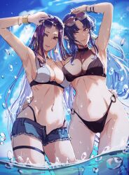  2girls absurdres arm_around_waist arm_up armpits ass_visible_through_thighs bikini blue_eyes blue_hair bracelet breasts cleavage commission cowboy_shot denim denim_shorts earrings eyewear_on_head fate/grand_order fate/stay_night fate_(series) groin hand_on_another&#039;s_waist hand_on_own_head highleg highleg_bikini highres jewelry large_breasts long_hair looking_at_viewer medea_(fate) medium_breasts medusa_(fate) medusa_(rider)_(fate) minyom multiple_girls navel o-ring o-ring_bikini ocean open_fly parted_lips partially_underwater_shot pointy_ears purple_eyes purple_hair second-party_source short_shorts shorts sidelocks signature skeb_commission smile standing sunglasses swimsuit thigh_strap very_long_hair wading water wet 