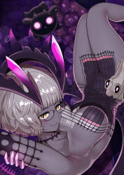  absurdres armpits baphomet_(fate) bare_shoulders black_dress blush breasts choker cleavage collarbone colored_skin detached_sleeves dress fate/grand_order fate_(series) female glasses grey_hair grey_skin harurukan highres horns jacques_de_molay_(foreigner)_(fate) jacques_de_molay_(foreigner)_(third_ascension)_(fate) lamb large_breasts looking_at_viewer sheep short_dress short_hair skull smile solo tentacle thighs yellow_eyes 