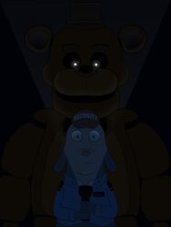  2024 absurd_res animatronic anthro bear behind_another black_bow_tie black_clothing black_eyes black_hat black_headwear black_nose black_sclera black_top_hat blue_bottomwear blue_clothing blue_pants blue_shirt blue_topwear blue_uniform bottomwear bow_tie brown_body brown_ears brown_fur canid canine canis clothing crossover darkness digital_media_(artwork) dog_(robot_dreams) domestic_dog duo five_nights_at_freddy&#039;s flashlight freddy_(fnaf) front_view fur glistening glistening_eyes hat headgear headwear hi_res holding_flashlight holding_object itsme_hilo looking_at_another machine male mammal multicolored_body pants red_nose robot robot_anthro robot_dreams scottgames security security_guard shirt size_difference standing text text_on_clothing text_on_hat text_on_headwear top_hat topwear two_tone_body uniform white_eyes 