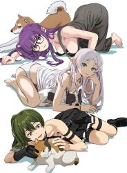  3girls animal black_dress breasts canine dress elf feline fern_(sousou_no_frieren) fox frieren glasses green_eyes green_hair hanging_breasts highres looking_at_viewer lying multiple_girls panties pointy_ears purple_eyes purple_hair shiren_(ourboy83) simple_background sousou_no_frieren top-down_bottom-up ubel_(sousou_no_frieren) underwear white_background white_hair 