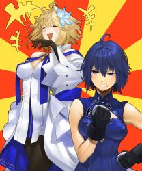  2girls absurdres ahoge annoyed archetype_earth arcueid_brunestud bare_arms black_gloves black_pantyhose blonde_hair blue_bodysuit blue_eyes blue_flower blue_hair blue_ribbon bodysuit breasts ciel_(tsukihime) cleavage_cutout clenched_hand closed_eyes clothing_cutout collared_bodysuit covered_nipples detached_sleeves dress fate/grand_order fate_(series) flower frog243 frown gloves hair_flower hair_ornament hand_on_own_hip hand_to_own_mouth highres laughing long_sleeves looking_at_another medium_breasts multiple_girls ojou-sama_pose open_mouth overskirt pantyhose ribbon short_hair sleeveless sweatdrop tsukihime tsukihime_(remake) two-tone_gloves white_dress wide_sleeves 