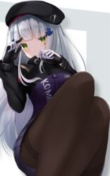  ass bad_id bad_pixiv_id beret black_gloves black_hat black_pantyhose black_skirt black_sleeves blush breasts closed_mouth commentary_request doyachii facial_mark feet_out_of_frame female girls&#039;_frontline gloves green_eyes grey_hair hands_up hat head_tilt highres hk416_(girls&#039;_frontline) knees_up large_breasts long_hair long_sleeves looking_at_viewer military military_uniform miniskirt pantyhose pleated_skirt purple_shirt raglan_sleeves shirt skirt solo thighband_pantyhose two-tone_gloves uniform white_gloves 