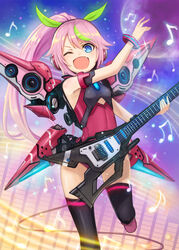  ;d bangle black_thighhighs blue_eyes blush bracelet cable commentary_request eighth_note electric_guitar female green_hair guitar hair_ribbon headphones highres instrument jewelry kai_(ootamuno12) long_hair multicolored_hair musical_note oerba_yun_fang one_eye_closed open_mouth original photoshop_(medium) pink_hair ponytail ribbon smile solo speaker streaked_hair thighhighs two-tone_hair very_long_hair 