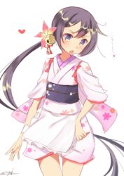  :o absurdres akebono_(kancolle) akebono_(new_year_mode)_(kancolle) apron bad_id bad_pixiv_id bell blush commentary_request female floral_print flower hair_bell hair_flower hair_ornament heart highres japanese_clothes jingle_bell kantai_collection kimono long_hair maid multicolored_eyes oerba_yun_fang official_alternate_costume open_mouth purple_eyes purple_hair short_kimono side_ponytail solo translated very_long_hair wa_maid yellow_eyes yuuzaki 