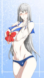  bishoujo_senshi_sailor_moon bra breasts cleavage commentary_request ebido embarrassed female grey_hair groin highres hip_bones huge_breasts long_hair pale_skin panties red_eyes sailor_collar sailor_moon_narikiri_bra_set sailor_senshi_uniform selvaria_bles senjou_no_valkyria_(series) senjou_no_valkyria_1 solo stomach underwear underwear_only very_long_hair wide_hips 