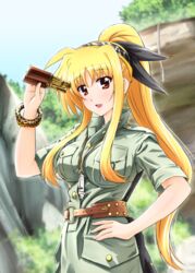  belt binoculars blonde_hair bracelet breasts commentary_request cosplay diesel-turbo fate_testarossa female hair_ribbon hand_on_own_hip jewelry large_breasts long_hair looking_at_viewer lyrical_nanoha mahou_shoujo_lyrical_nanoha_strikers mizuki_nana mizuki_nana_(cosplay) necklace open_mouth outdoors ponytail poster_parody red_eyes ribbon sidelocks solo very_long_hair voice_actor_connection whistle 