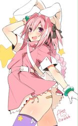  1boy animal_ears blush braid bunny_ears fate/apocrypha fate_(series) hair_ribbon long_hair looking_at_viewer male_focus oerba_yun_fang open_mouth pink_hair purple_eyes ribbon rider_of_black rkrk single_braid smile solo trap 