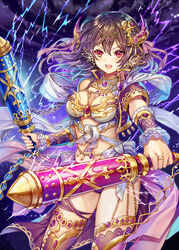  baal_(mythology) bare_shoulders braid breasts brown_hair canaanite_mythology cleavage cloud club_(weapon) commentary_request company_name dual_wielding earrings female hair_ornament holding holding_weapon jewelry lightning long_hair looking_at_viewer madogawa medium_breasts moeru!_jiten moeru!_shinsei_buki_jiten navel necklace official_art open_mouth photoshop_(medium) red_eyes ring sash sidelocks solo star_(sky) thighhighs weapon yagrush_&amp;_ayamur 