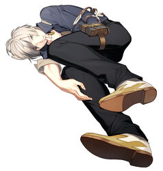  1boy akiyoshi_haru colored_tips commentary_request full_body gradient_hair green_eyes grey_hair jewelry ludger_will_kresnik lying male_focus multicolored_hair on_side pants pendant shirt shoes solo tales_of_(series) tales_of_xillia tales_of_xillia_2 white_background white_hair 