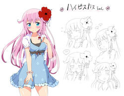  :t blue_eyes blush bracelet braid commentary_request dress female flower hair_flower hair_ornament jewelry long_hair original pink_hair reference_sheet sasago_kaze standing 