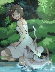  animal_ears back dress fish green_eyes idolmaster idolmaster_cinderella_girls ilhi maekawa_miku short_hair sundress tail water 