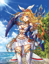  ;o bare_shoulders beach beads bird blonde_hair blue_eyes blush bow breasts chloe_maxwell choker cleavage cloud commentary_request day dress female gloves hairbow holding holding_weapon long_hair long_sleeves luck_&amp;_logic madogawa medium_breasts navel ocean official_art one_eye_closed open_mouth outdoors panties photoshop_(medium) pleated_skirt polearm ponytail sand see-through shading_eyes sidelocks skirt sky solo spear sunlight thighhighs tree underwear weapon 