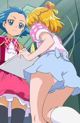  2girls asahina_mirai black_legwear blonde_hair blue_hair blue_shorts blue_skirt green_eyes haruyama_kazunori jun_(mahou_girls_precure!) kneehighs magic_school_uniform mahou_girls_precure! multiple_girls panties precure school_uniform short_hair shorts skirt socks thighhighs underwear zettai_ryouiki 