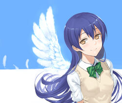  angel_wings blue_hair bow brown_eyes commentary_request feathered_wings feathers female floating_hair hair_between_eyes hairbow jyon long_hair looking_at_viewer love_live! love_live!_school_idol_project shirt short_sleeves single_wing smile solo sonoda_umi striped striped_bow upper_body very_long_hair vest white_feathers white_shirt white_wings wings 