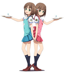  2girls absurdres bad_id bad_pixiv_id brown_hair green_eyes high_school_fleet highres ishida_seito kinesaki_akane kinesaki_homare multiple_girls photoshop_(medium) school_uniform serafuku short_sleeves siblings sisters symmetry twins yokosuka_girls_marine_high_school_uniform 