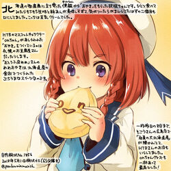  blue_neckerchief blush braid colored_pencil_(medium) commentary_request dated eating etorofu_(kancolle) female food hat holding holding_food htb kantai_collection kirisawa_juuzou long_sleeves neckerchief numbered on-chan purple_eyes red_hair sailor_hat school_uniform serafuku short_hair smile solo traditional_media translation_request twin_braids twitter_username white_hat yellow_background 