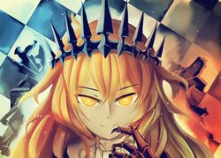  black_rock_shooter blonde_hair chariot close crown long_hair sekigan signed yellow_eyes 