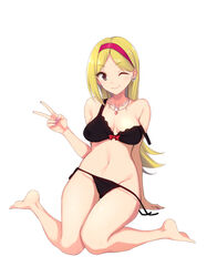  ;) bad_id bad_pixiv_id bare_shoulders barefoot black_bra blonde_hair bra breasts brown_eyes cleavage earrings female fujimoto_rina groin hairband idolmaster idolmaster_cinderella_girls jewelry large_breasts long_hair looking_at_viewer navel one_eye_closed panties photoshop_(medium) side-tie_panties sitting smile solo strap_slip underwear underwear_only untied v wariza yuki_usagi_(mofurafu) 