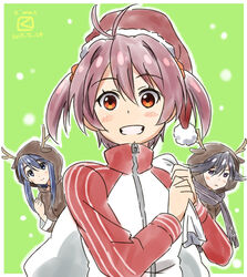  3girls :&lt; animal_costume antlers artist_logo blue_hair blush brown_hair christmas commentary_request dated futaba_aoi_(vividred_operation) grin hat horns isshiki_akane jacket kuroki_rei long_hair looking_at_viewer miyahara_takuya multiple_girls open_mouth purple_eyes purple_scarf reindeer_costume sack santa_costume santa_hat scarf short_hair smile track_jacket vividred_operation 