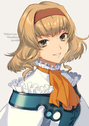  akiyoshi_haru ascot blonde_hair character_name commentary_request female frills green_eyes hairband natalia_luzu_kimlasca_lanvaldear neckerchief orange_ascot short_hair smile solo tales_of_(series) tales_of_the_abyss white_background 