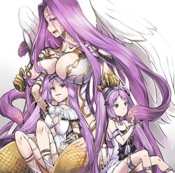  3girls akinaie armband armor bare_shoulders blush breast_rest breasts breasts_on_head bustier c: choker claws cleavage_cutout clothing_cutout commentary_request dress embarrassed euryale_(fate) euryale_(third_ascension)_(fate) fate/grand_order fate/hollow_ataraxia fate_(series) flat_chest gold_trim gorgon_(fate) gorgon_(third_ascension)_(fate) hairband hand_on_another&#039;s_head headdress headpat jewelry knees knees_up lace large_breasts lolita_hairband long_hair medusa_(fate) monster_girl multiple_girls open_mouth pauldrons playing_with_another&#039;s_hair purple_dress purple_eyes purple_hair revealing_clothes revealing_layer ribbon ribbon_choker scales shoulder_armor siblings sisters sitting sitting_on_lap sitting_on_person slit_pupils smile snake square_pupils stheno_(fate) stheno_(third_ascension)_(fate) teasing twins twintails very_long_hair white_choker white_dress wings 