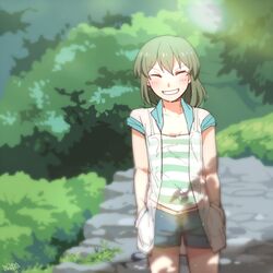  bangs blush closed_eyes cropped_legs female grass green_hair grin hands_in_pockets idolmaster ilhi jacket nagayoshi_subaru outdoors see-through shirt short_hair short_shorts short_sleeves shorts smile solo striped striped_shirt wet wet_clothes 